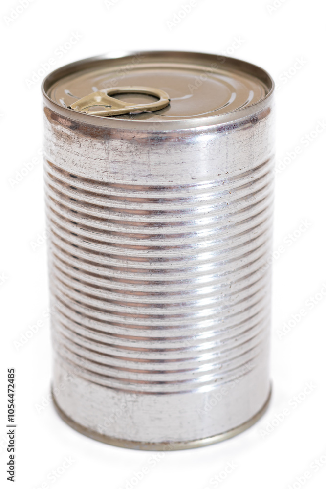 Round Unopened Tin Can Isolated on White Background. Canned Food. Aluminum Can for Safe and Long Term Storage of Food. Steel Sealed Food Storage Container - Isolation