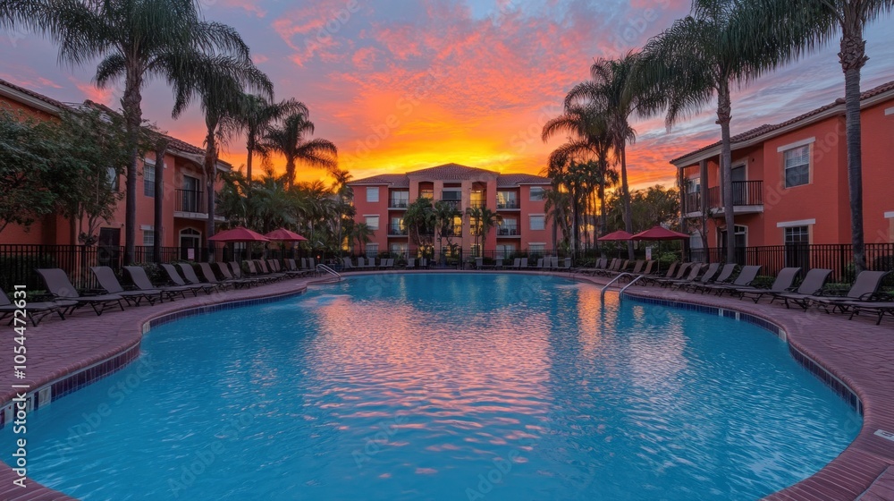 Fototapeta premium A resort-style pool with palm trees and a vibrant sunset sky.