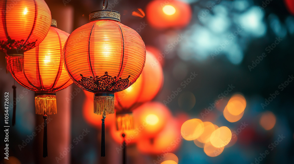 Chinese lanterns glowing in the evening light close up Chinese lanterns glowing in the evening light close up
