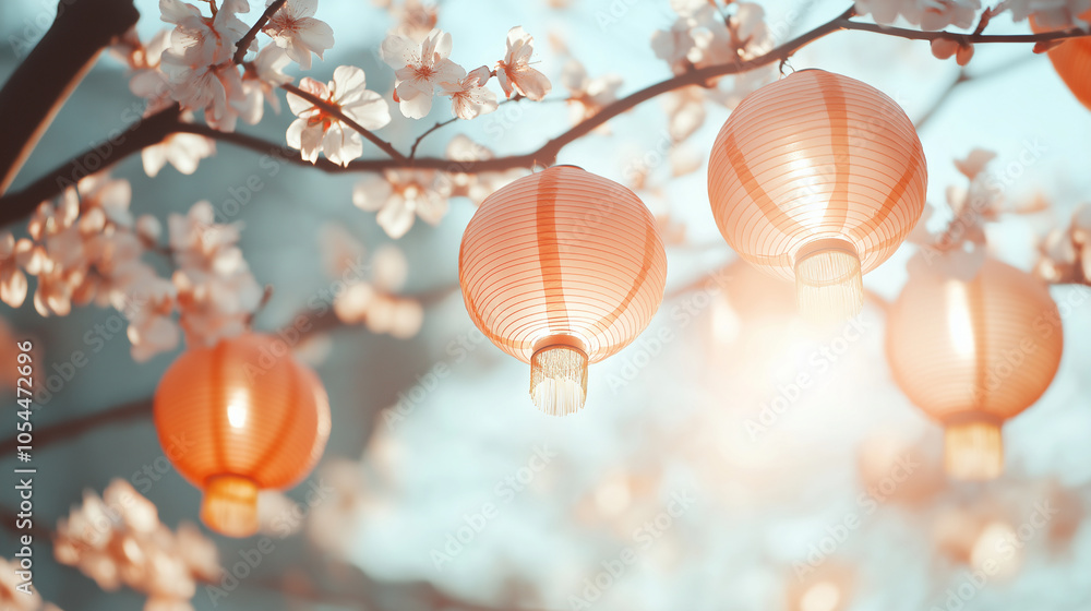 Obraz premium Chinese lanterns glowing in the evening light close up