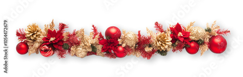 Festive Christmas Garland with Red Ornaments and Golden Pine Cones