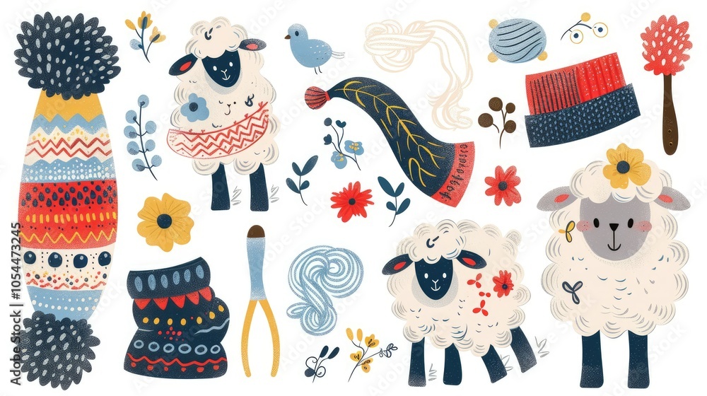 A set of wool knitting and sheep-themed clipart, with different types of yarn A set of wool knitting and sheep-themed clipart, with different types of yarn