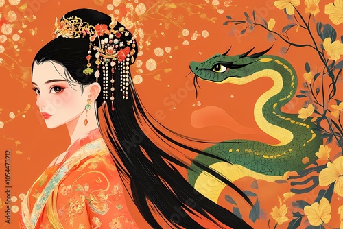 Illustration. Chinese woman in folk costume with a green snake.