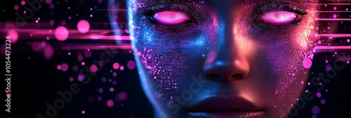 Futuristic Face of a Woman with Bright Pink Glowing Eyes and a Digital Aura, Representing the Mystique and Innovation of Artificial Intelligence