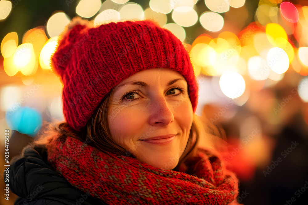 A woman in a red hat and scarf smiles warmly among colorful lights at a holiday market. A woman in a red hat and scarf smiles warmly among colorful lights at a holiday market.