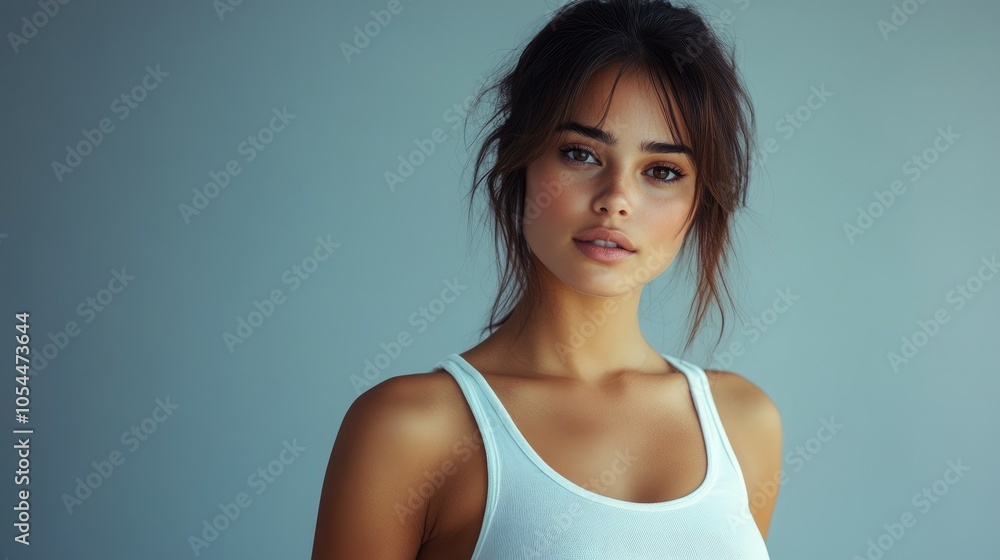 Beautiful woman in white T-shirt Female breast dark background Beautiful woman in white T-shirt Female breast dark background