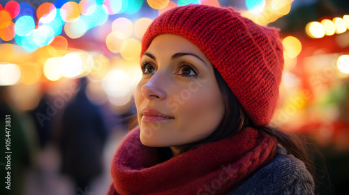 Wallpaper Mural A woman in a red hat and scarf gazes thoughtfully at colorful festive lights during a celebration. Torontodigital.ca