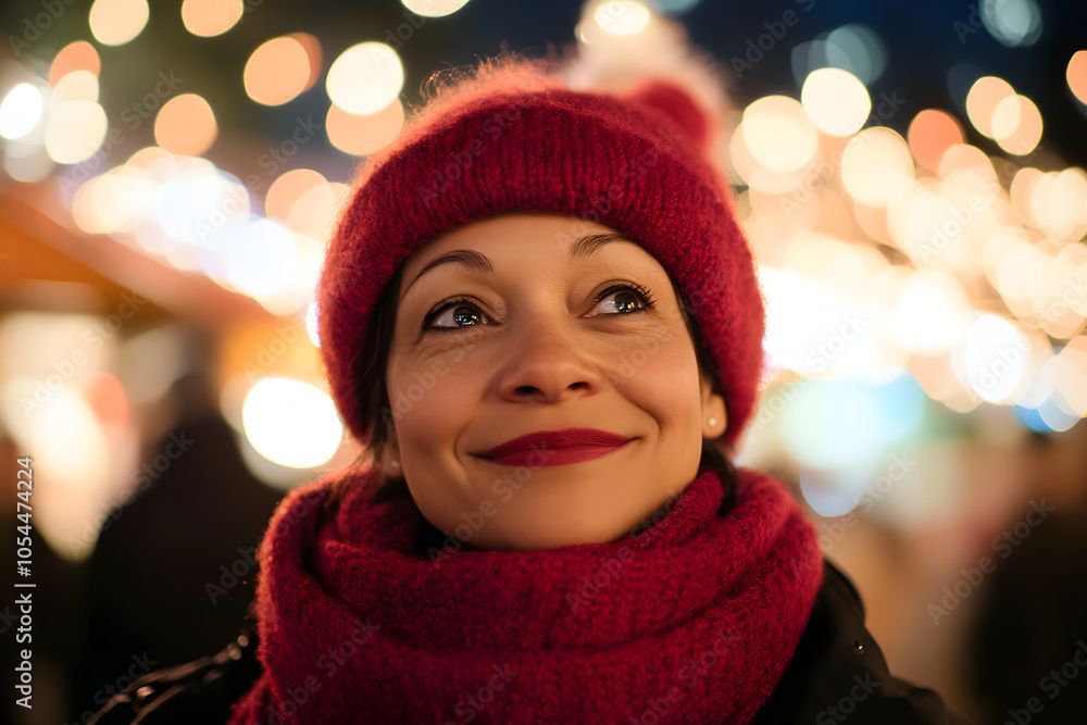 A joyful woman wearing a red hat and scarf, surrounded by soft, glowing lights, capturing a warm winter atmosphere. A joyful woman wearing a red hat and scarf, surrounded by soft, glowing lights, capturing a warm winter atmosphere.