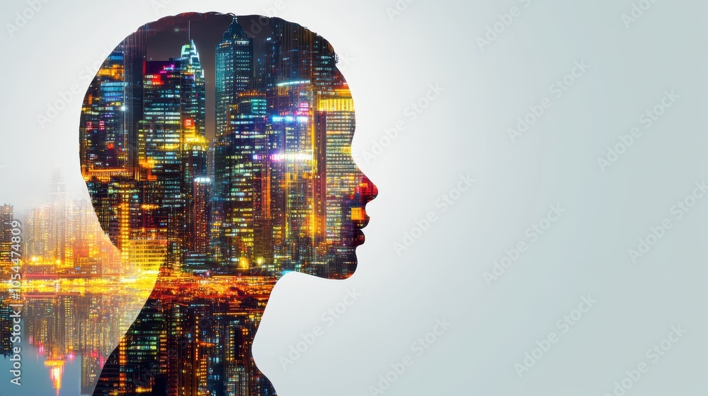 Silhouetted man with city lights overlay, isolated on a blue background, double exposure. Silhouetted man with city lights overlay, isolated on a blue background, double exposure.
