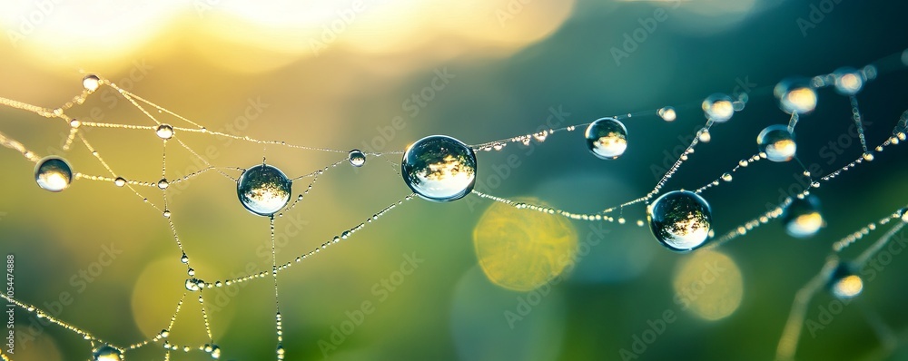 Fototapeta premium Dew drops on a spider web in a sunlit garden, close-up view. Nature beauty and tranquility concept
