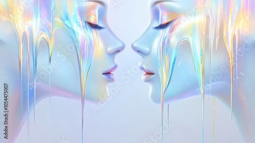 Two abstract, metallic faces facing each other with a melting effect, set against a vibrant pink background. The image evokes themes of connection, reflection, and modern digital art with fluid forms.