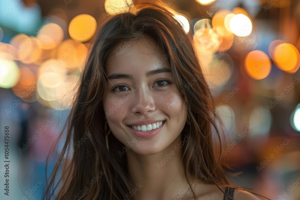 Smiling young woman with long hair against a blurred bokeh background. Smiling young woman with long hair against a blurred bokeh background.