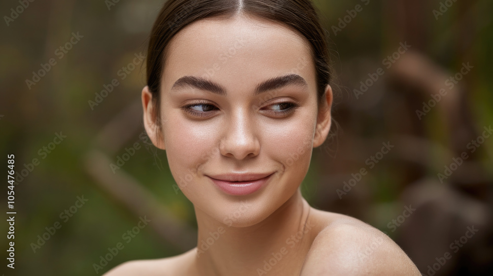 A young Caucasian woman with a serene smile, surrounded by soft, natural greenery, exuding a sense of tranquility and beauty in a close-up portrait. A young Caucasian woman with a serene smile, surrounded by soft, natural greenery, exuding a sense of tranquility and beauty in a close-up portrait.