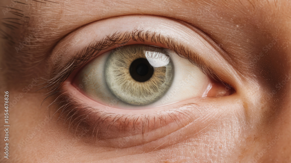 Obraz premium Close-up of a human eye featuring light green iris with intricate details, showcasing a captivating and piercing gaze, highlighting the beauty of human anatomy.