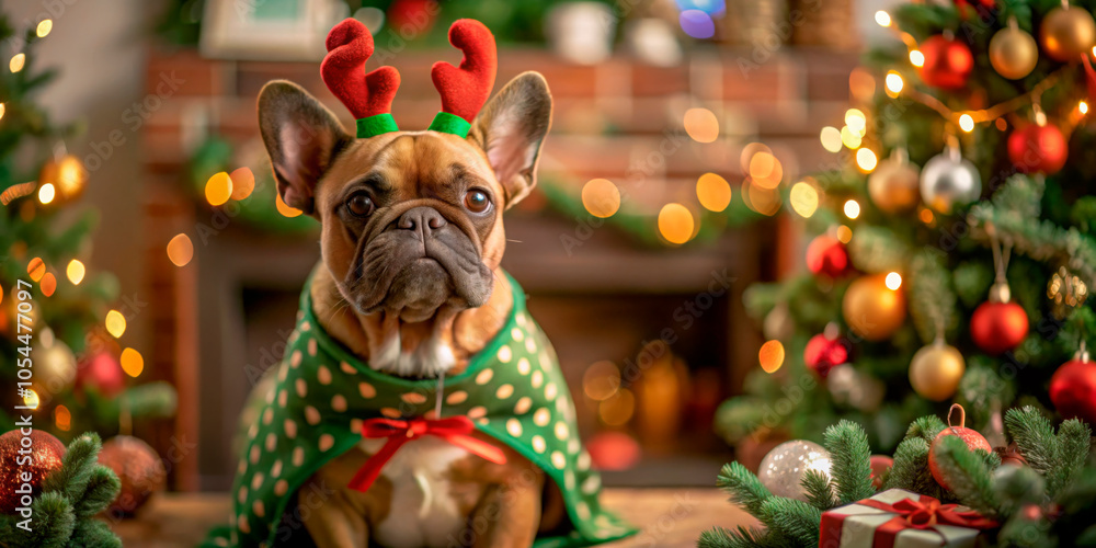 French Bulldog in reindeer costume with a festive backdrop, ideal for Christmas promotions and pet-friendly holiday content French Bulldog in reindeer costume with a festive backdrop, ideal for Christmas promotions and pet-friendly holiday content