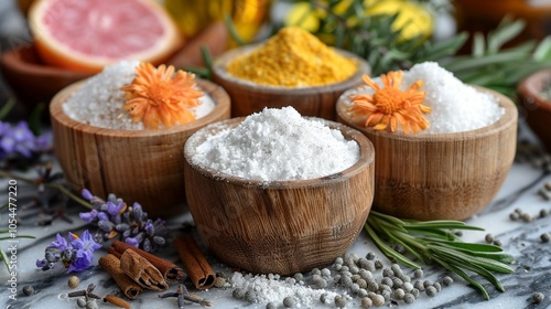 Natural Salt and Spices in Wooden Bowls photo