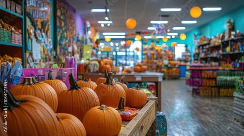 Pumpkins for sale in a colorful store