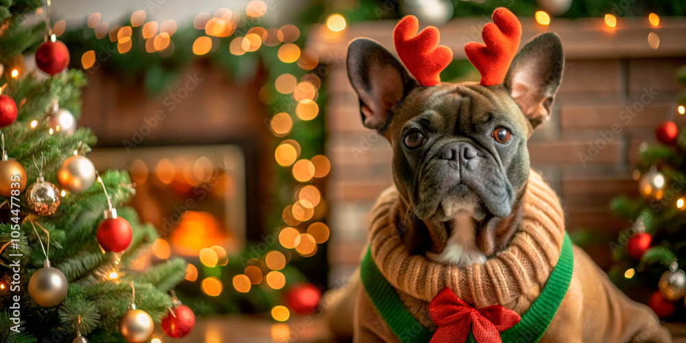 French Bulldog in reindeer costume with a festive backdrop, ideal for Christmas promotions and pet-friendly holiday content French Bulldog in reindeer costume with a festive backdrop, ideal for Christmas promotions and pet-friendly holiday content