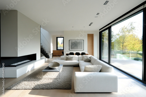 White sofas complement large windows in modern living room.