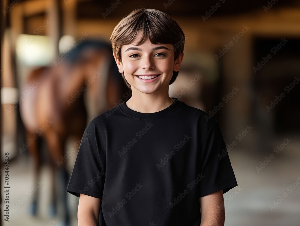 A young boy standing in front of a horse in a stable A young boy standing in front of a horse in a stable