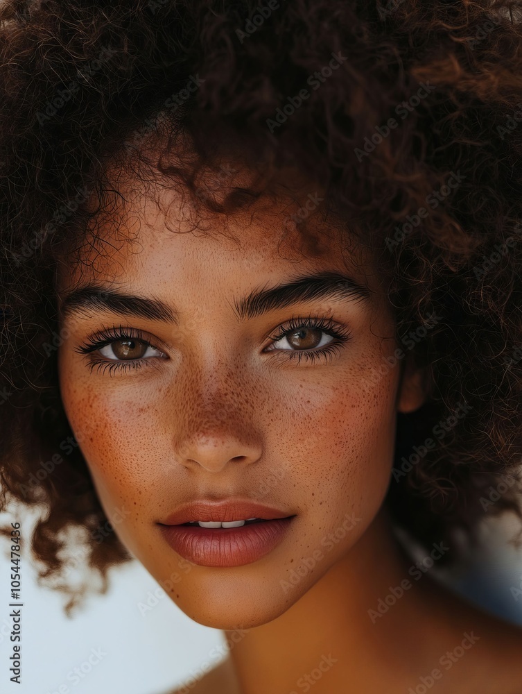 A woman with freckles on her face and curly hair A woman with freckles on her face and curly hair