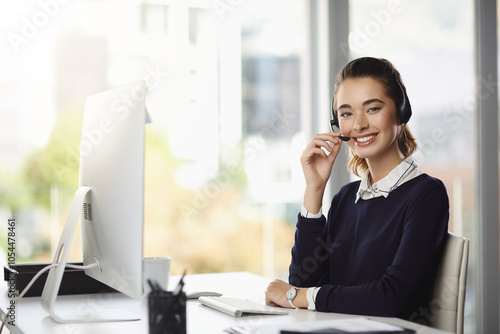 Business woman, headphones and portrait of web telesales intern at desk with online consultant in office. Learning, staff and startup with professional and smile with crm, digital work and technology