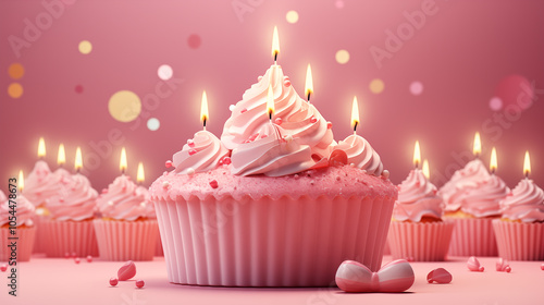 Pink birthday cake with candles and different decorations