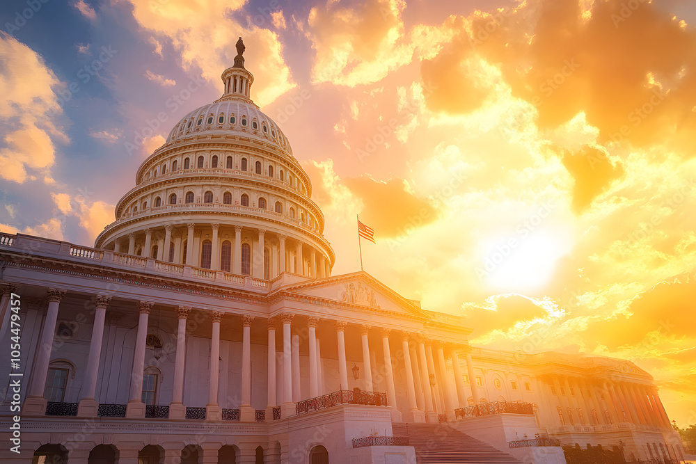 Obraz premium Stunning Sunset Over the U.S. Capitol Building Representing Democracy and Political Process