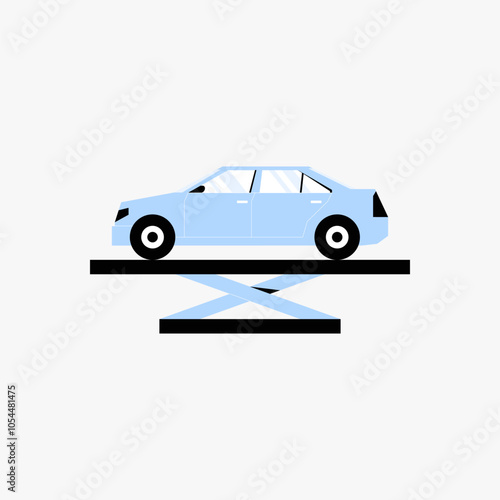 Car on hydraulic lift platform in flat vector illustration symbolizing vehicle inspection, maintenance, and automotive services, isolated on white background.