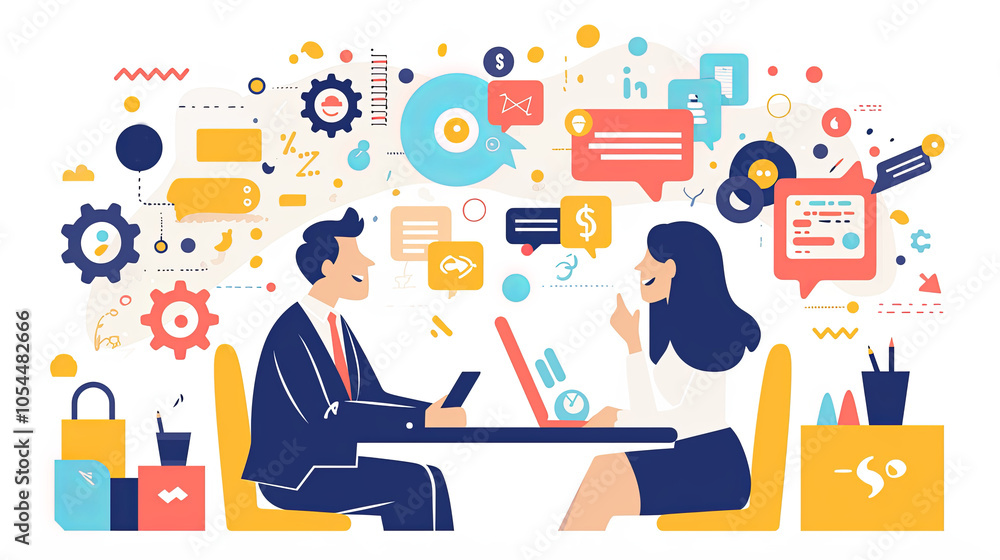 Creative business meeting with innovative ideas and teamwork illustrations Creative business meeting with innovative ideas and teamwork illustrations