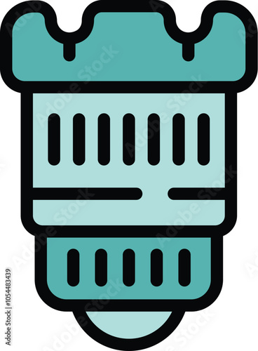 Camera lens icon, showing aperture blades, in a filled line style