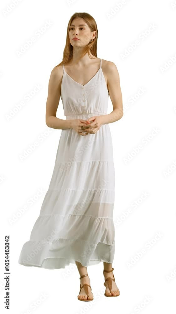 Woman in a white summer dress standing in the wind with her hair and dress moving. On transparent background with alpha channel Woman in a white summer dress standing in the wind with her hair and dress moving. On transparent background with alpha channel