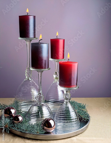 Motivo de navidad en bandeja de plata, copas de cristal invertidas con una vela roja cada una.