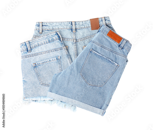 Stylish light blue denim shorts isolated on white, top view