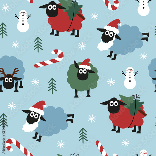 Christmas sheep seamless pattern. Adorable sheep with Christmas elements and snowman.
