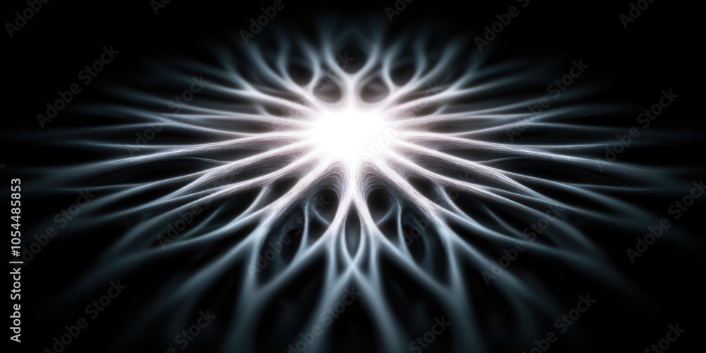 Fototapeta premium Abstract white light radiating symmetrical pattern on black background