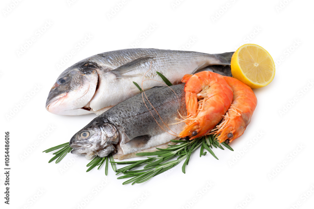 Different fresh sea food with spices isolated on white Different fresh sea food with spices isolated on white