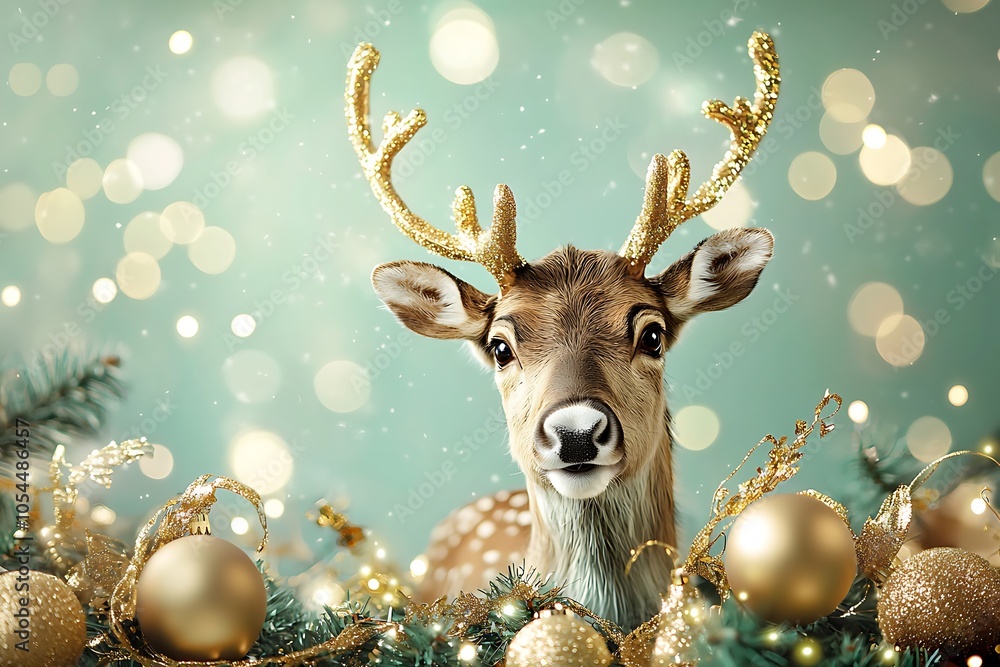 A cheerful reindeer stands against a soft green background, surrounded by golden garlands and ornaments. A cheerful reindeer stands against a soft green background, surrounded by golden garlands and ornaments.