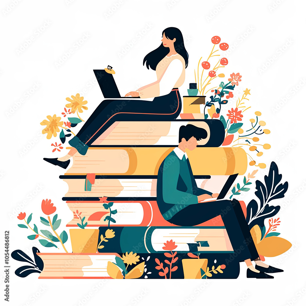 Man and woman studying on a stack of books with laptops Man and woman studying on a stack of books with laptops