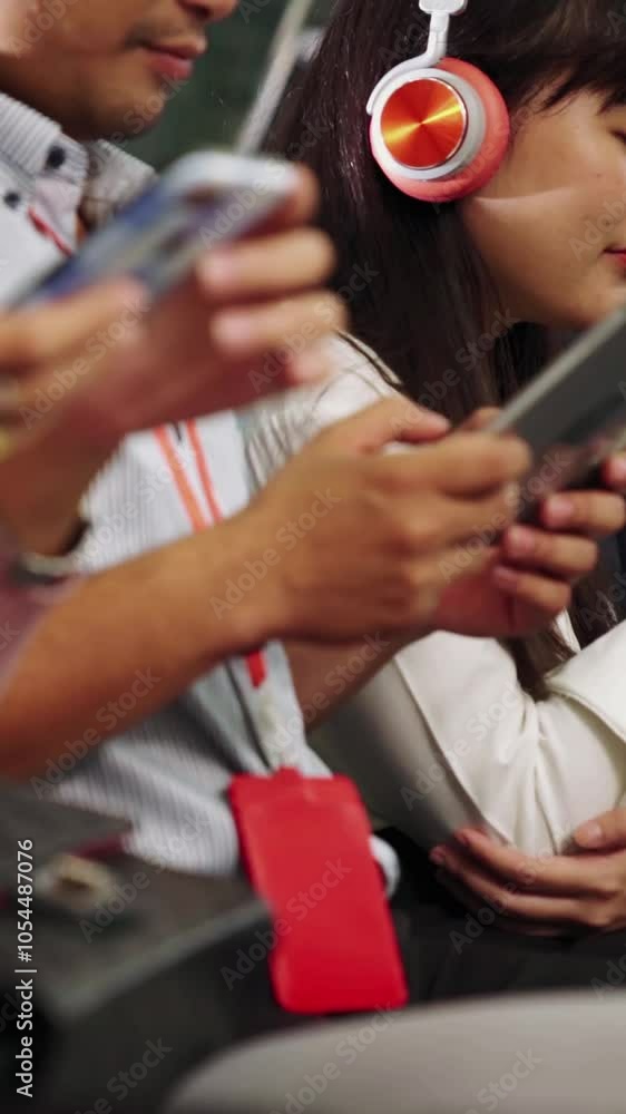 Young people using mobile phone in public underground train . Urban city lifestyle and commuting in Asia concept . Young people using mobile phone in public underground train . Urban city lifestyle and commuting in Asia concept .
