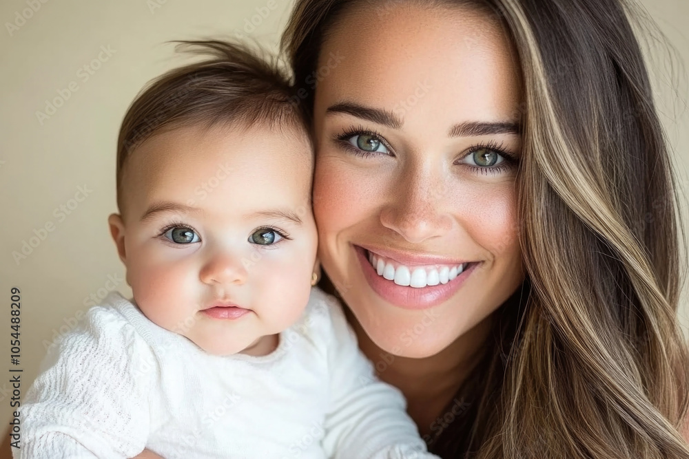 Joyful mother and baby smiling together in close-up portrait Joyful mother and baby smiling together in close-up portrait