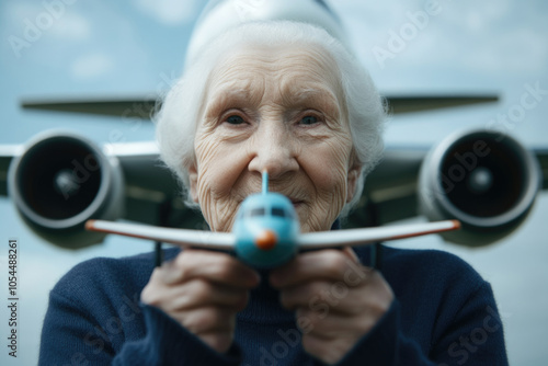 Elderly woman with toy airplane against real aircraft background photo