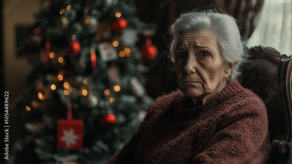 An old woman sitting in a room with a sorrowful expression, Christmas decorations in the background, evoking a sense of nostalgia and the contrast between joy and loneliness during the holidays. An old woman sitting in a room with a sorrowful expression, Christmas decorations in the background, evoking a sense of nostalgia and the contrast between joy and loneliness during the holidays.