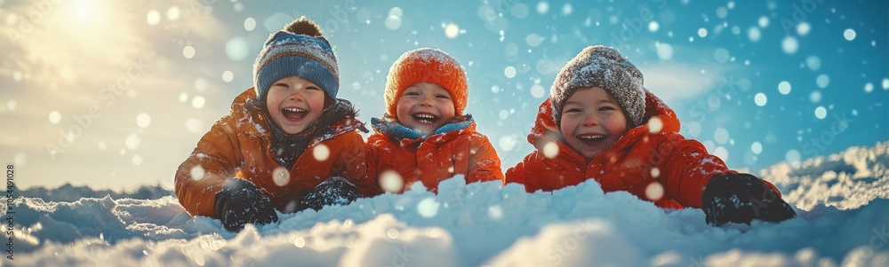 Children laying in the snow on a sunny day Children laying in the snow on a sunny day
