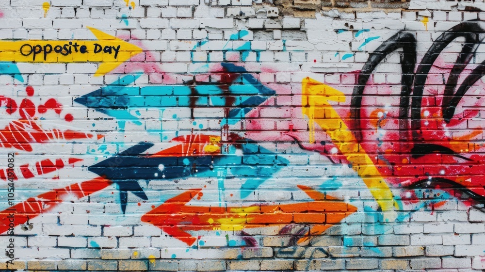 Fototapeta premium Colorful graffiti on urban brick wall featuring arrows and abstract designs,