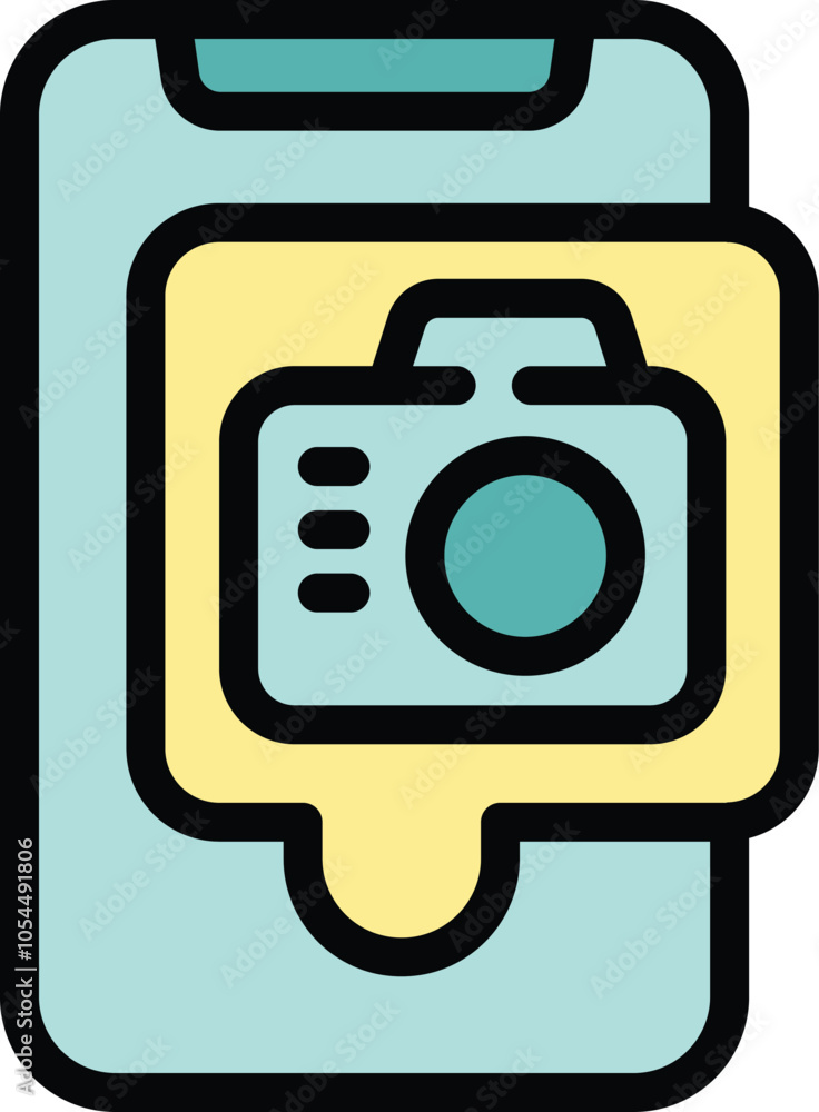 This vector illustration depicts a smartphone with a camera icon in a speech bubble, symbolizing a notification or message related to photography This vector illustration depicts a smartphone with a camera icon in a speech bubble, symbolizing a notification or message related to photography