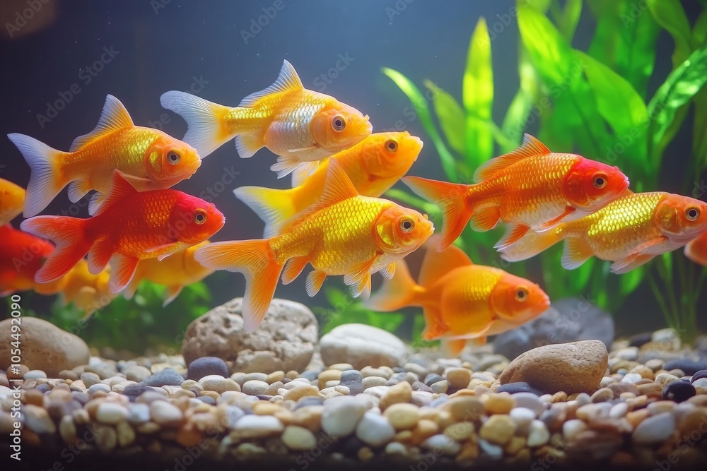 Small group of orange and yellow goldfish swimming over smooth pebbles in a clear aquarium with lush green plants in the background depicting a peaceful and vibrant underwater habitat Small group of orange and yellow goldfish swimming over smooth pebbles in a clear aquarium with lush green plants in the background depicting a peaceful and vibrant underwater habitat