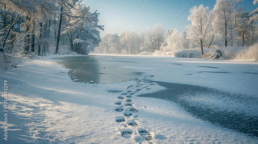 A frozen pond surrounded by snow-covered trees, with footprints leading across the ice. Christmas and New year greeting card background. Winter holiday banner for web social media A frozen pond surrounded by snow-covered trees, with footprints leading across the ice. Christmas and New year greeting card background. Winter holiday banner for web social media