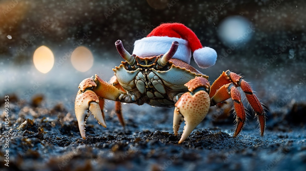 A crab wearing a santa hat on a beach A crab wearing a santa hat on a beach