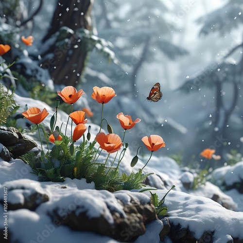 Small butterflies fly over poppy flowers covered with snow, beauty of nature, tenderness of flowers photo